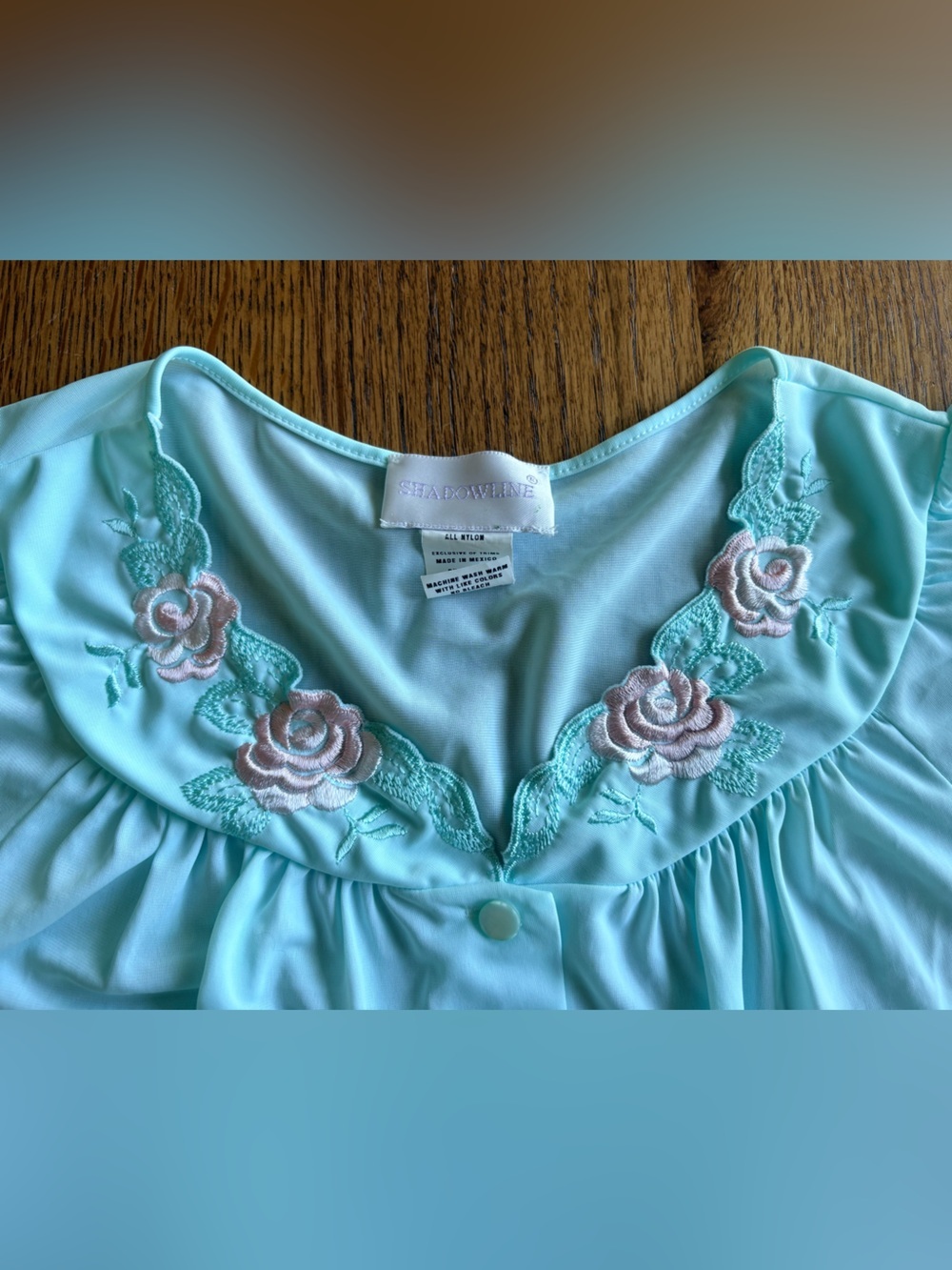 Shadowline Women's 38 Short-Sleeve Two-Piece Sleep Set with Floral Trim- Seafoam - Picture 9 of 16
